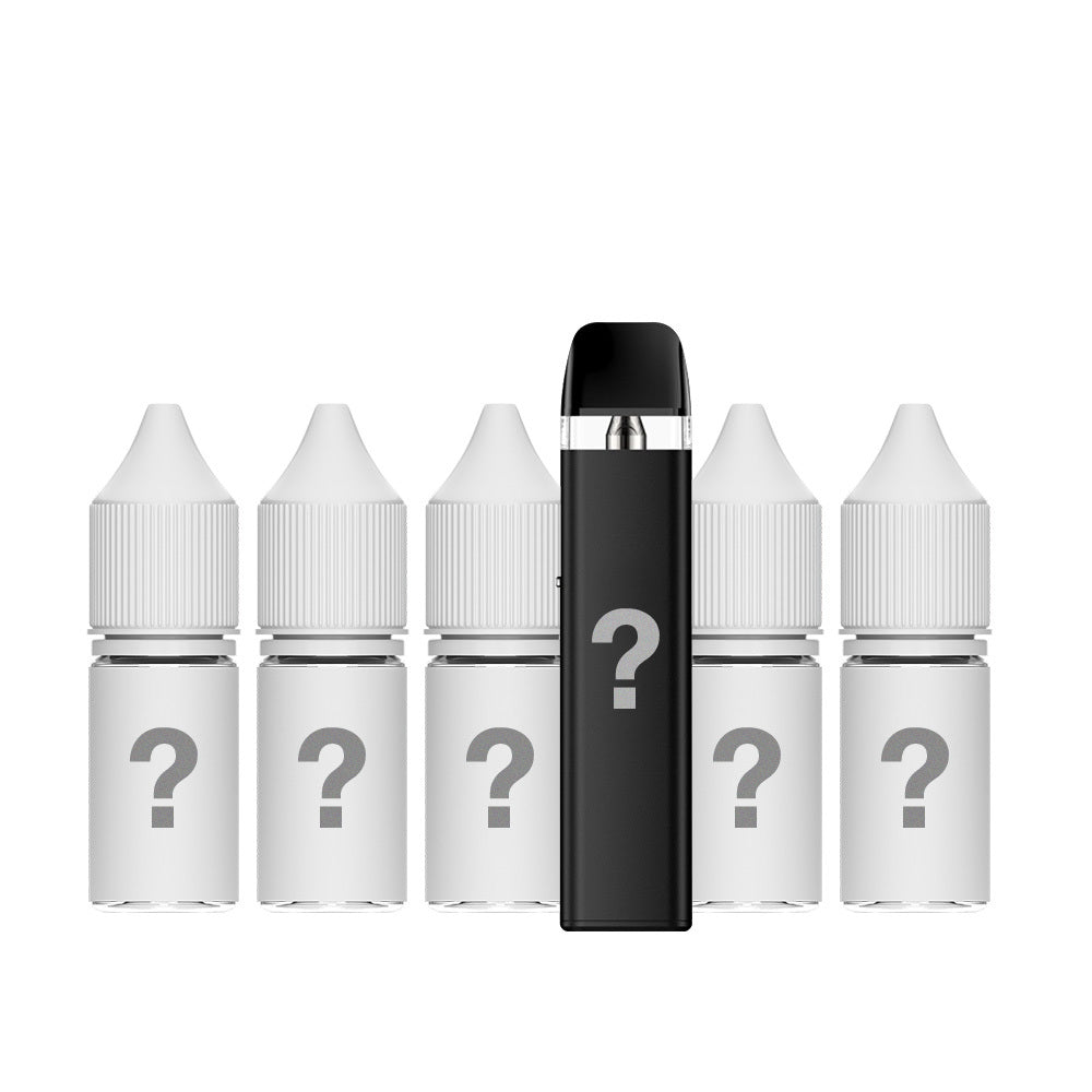 Mystery Pod Vape Kit with five mystery 10ml e-liquid bottles