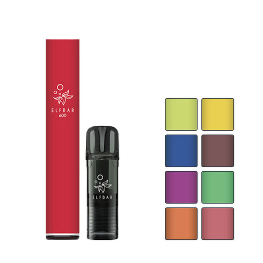 Elf Bar 600 Pre-filled Pod Kit with eight squares showcasing eight out of the 17 available flavours