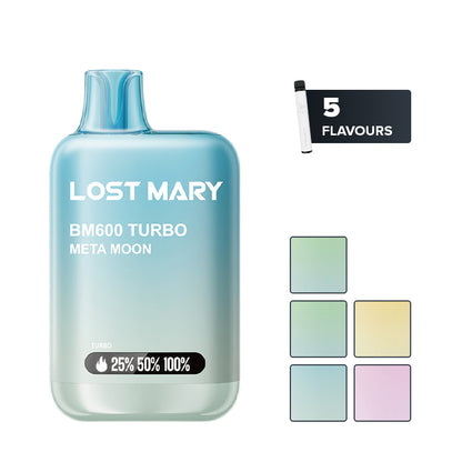 Lost Mary BM600 Turbo Disposable Vape with 5 squares showcasing all available flavours