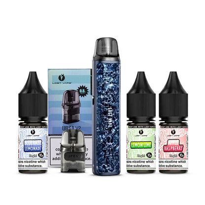 Glacial Blue Lost Vape Ursa Nano 3 Kit with a pack of pods and three 10ml e-liquids