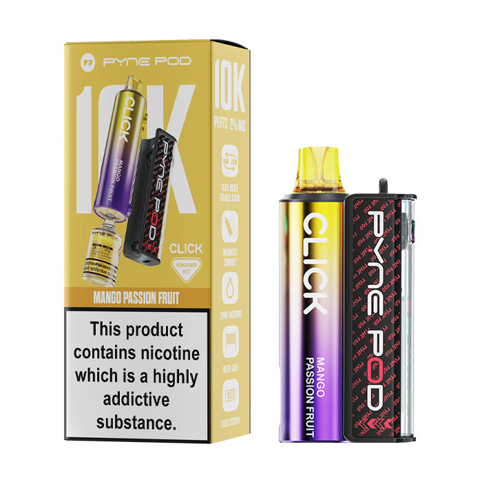 Mango Passion Fruit Pyne Click 10K Vape Kit and Box