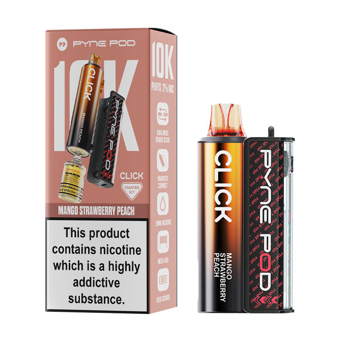 Mango Strawberry Peach Pyne Click 10K Vape Kit and Box