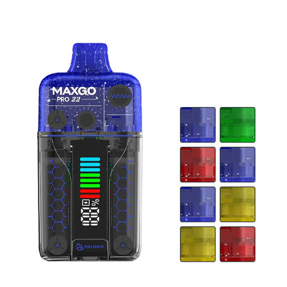 Relx MaxGo Pro 22 Starter Vape Kit with eight squares showcasing eight out of the fifteen available flavours