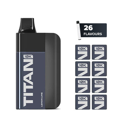 Titan 10K Disposable Vape with eight squares showcasing eight out of the twenty six available flavours